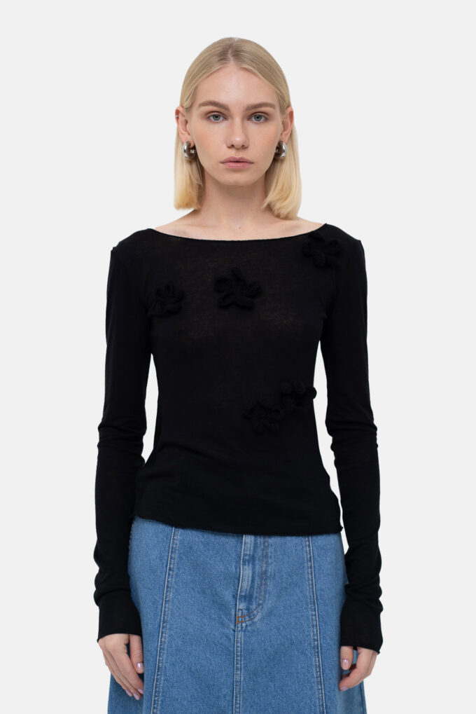 Black Blouse with Crochet Flowers